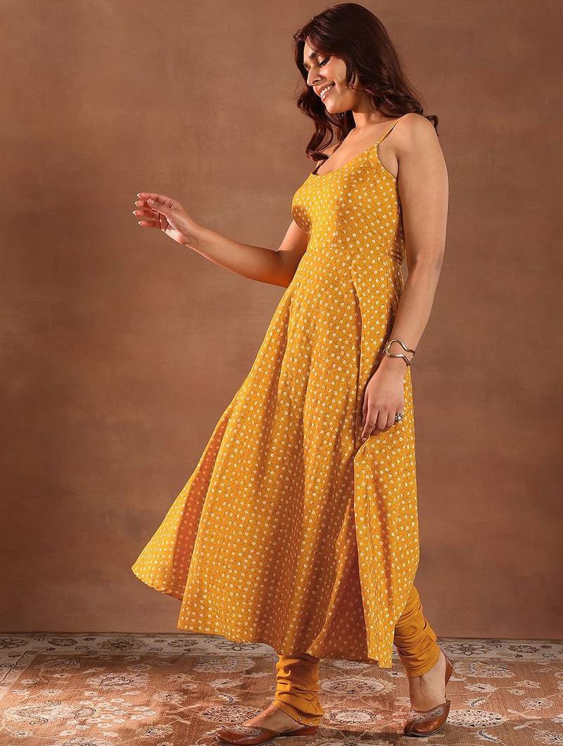 Womens Mustard Printed Rayon Anarkali Kurta With Churidar & Dupatta