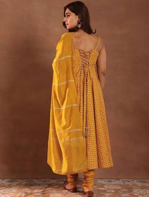 Womens Mustard Printed Rayon Anarkali Kurta With Churidar & Dupatta 5