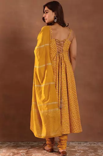 Womens Mustard Printed Rayon Anarkali Kurta With Churidar & Dupatta