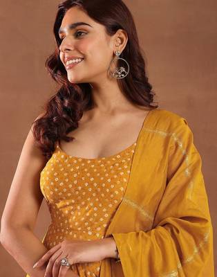 Womens Mustard Printed Rayon Anarkali Kurta With Churidar & Dupatta 6
