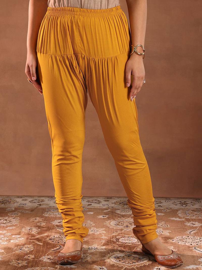 Womens Mustard Printed Rayon Anarkali Kurta With Churidar & Dupatta