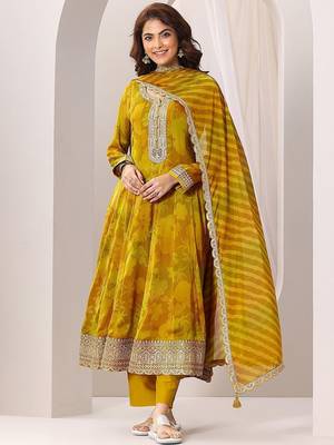 Womens Mustard Printed Anarkali Kurta With Trousers & Dupatta 1