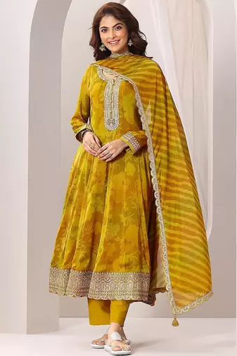 Womens Mustard Printed Anarkali Kurta With Trousers & Dupatta