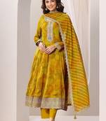 Womens Mustard Printed Anarkali Kurta With Trousers & Dupatta