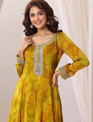 Womens Mustard Printed Anarkali Kurta With Trousers & Dupatta 2