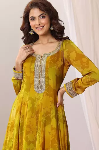 Womens Mustard Printed Anarkali Kurta With Trousers & Dupatta