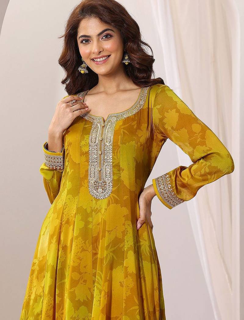 Womens Mustard Printed Anarkali Kurta With Trousers & Dupatta