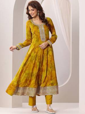 Womens Mustard Printed Anarkali Kurta With Trousers & Dupatta 3