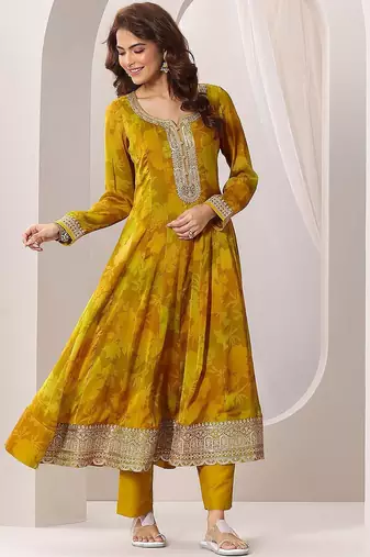 Womens Mustard Printed Anarkali Kurta With Trousers & Dupatta