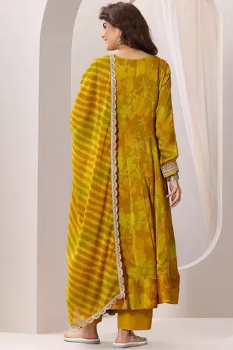 Womens Mustard Printed Anarkali Kurta With Trousers & Dupatta