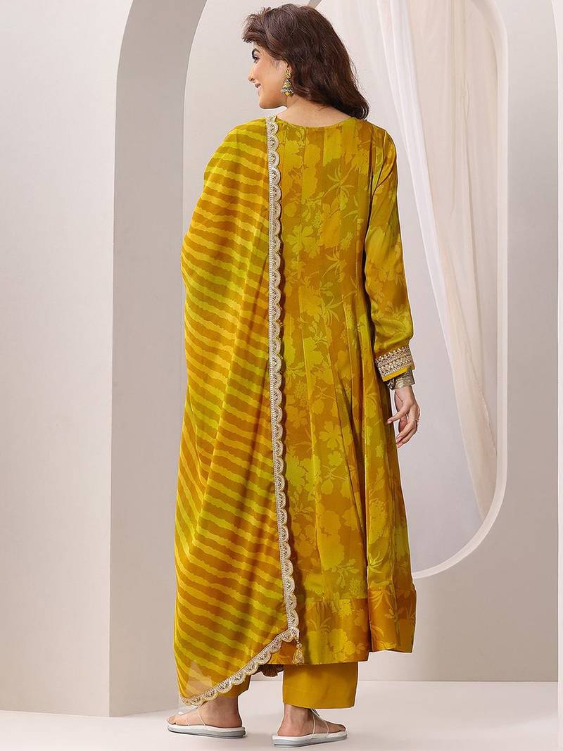 Womens Mustard Printed Anarkali Kurta With Trousers & Dupatta