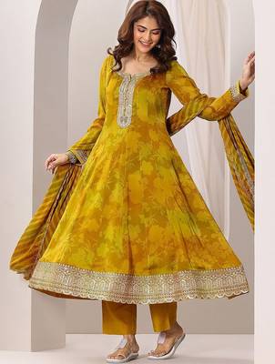 Womens Mustard Printed Anarkali Kurta With Trousers & Dupatta 5