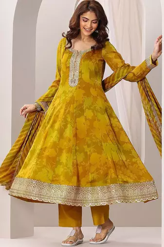 Womens Mustard Printed Anarkali Kurta With Trousers & Dupatta