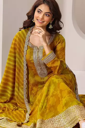 Womens Mustard Printed Anarkali Kurta With Trousers & Dupatta
