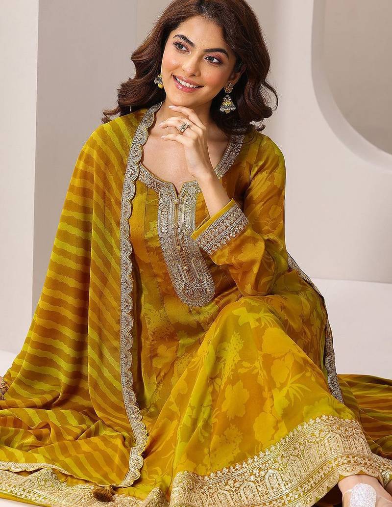 Womens Mustard Printed Anarkali Kurta With Trousers & Dupatta