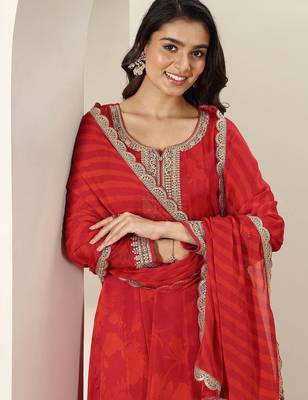 Womens Red Embroidered Anarkali Kurta With Trousers & Dupatta 1