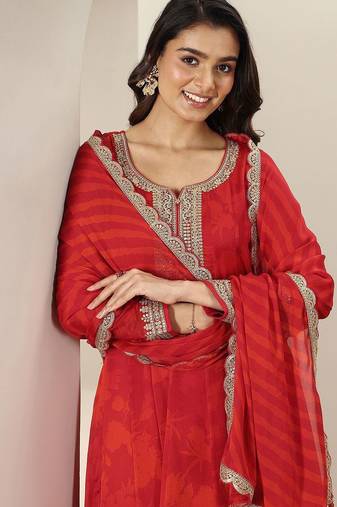 Womens Red Embroidered Anarkali Kurta With Trousers & Dupatta