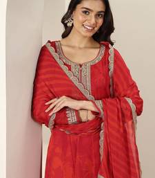 Womens Red Embroidered Anarkali Kurta With Trousers & Dupatta