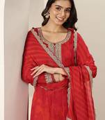 Womens Red Embroidered Anarkali Kurta With Trousers & Dupatta