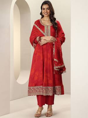 Womens Red Embroidered Anarkali Kurta With Trousers & Dupatta 2