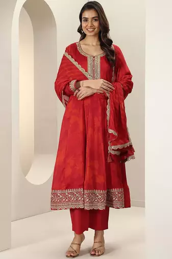 Womens Red Embroidered Anarkali Kurta With Trousers & Dupatta