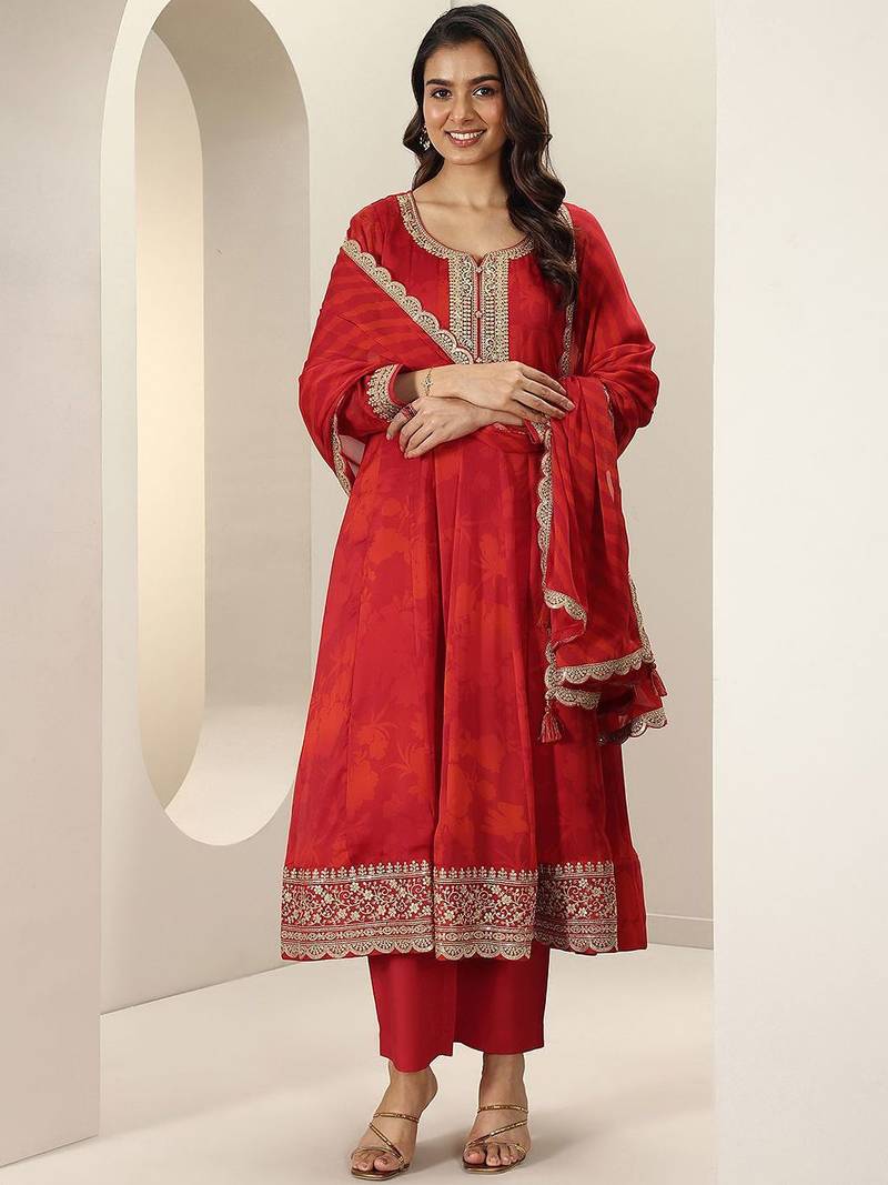 Womens Red Embroidered Anarkali Kurta With Trousers & Dupatta