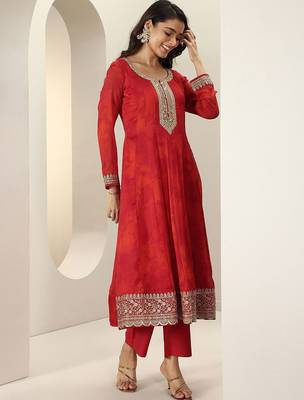 Womens Red Embroidered Anarkali Kurta With Trousers & Dupatta 3