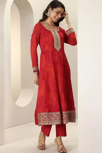 Womens Red Embroidered Anarkali Kurta With Trousers & Dupatta