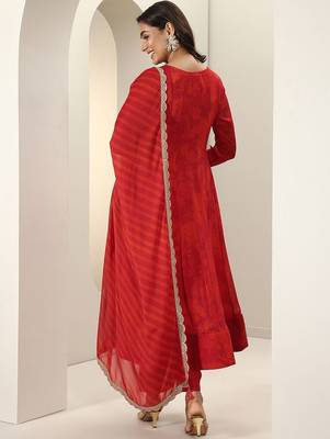 Womens Red Embroidered Anarkali Kurta With Trousers & Dupatta 4