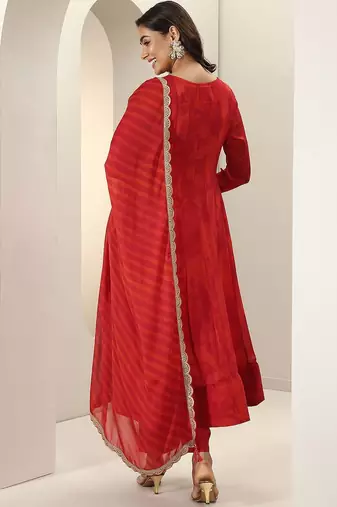 Womens Red Embroidered Anarkali Kurta With Trousers & Dupatta