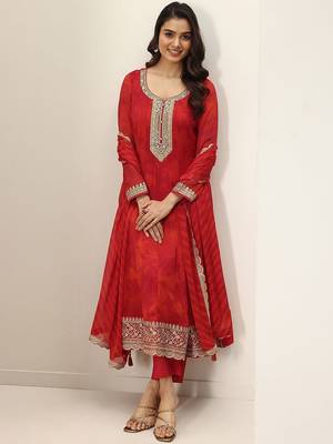 Womens Red Embroidered Anarkali Kurta With Trousers & Dupatta 5