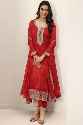 Womens Red Embroidered Anarkali Kurta With Trousers & Dupatta
