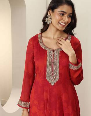 Womens Red Embroidered Anarkali Kurta With Trousers & Dupatta 6