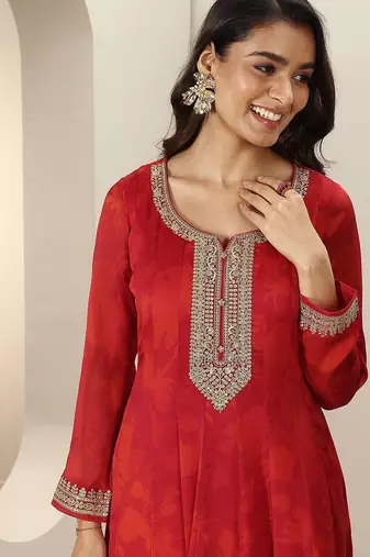 Womens Red Embroidered Anarkali Kurta With Trousers & Dupatta