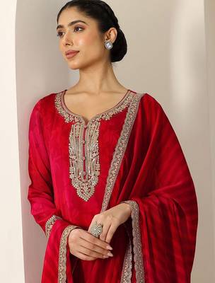 Womens Red Printed Chiffon Anarkali Kurta With Trousers & Dupatta 1