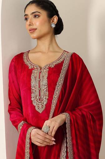 Womens Red Printed Chiffon Anarkali Kurta With Trousers & Dupatta