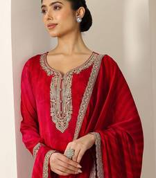 Womens Red Printed Chiffon Anarkali Kurta With Trousers & Dupatta