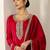 Womens Red Printed Chiffon Anarkali Kurta With Trousers & Dupatta