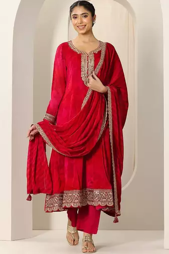 Womens Red Printed Chiffon Anarkali Kurta With Trousers & Dupatta