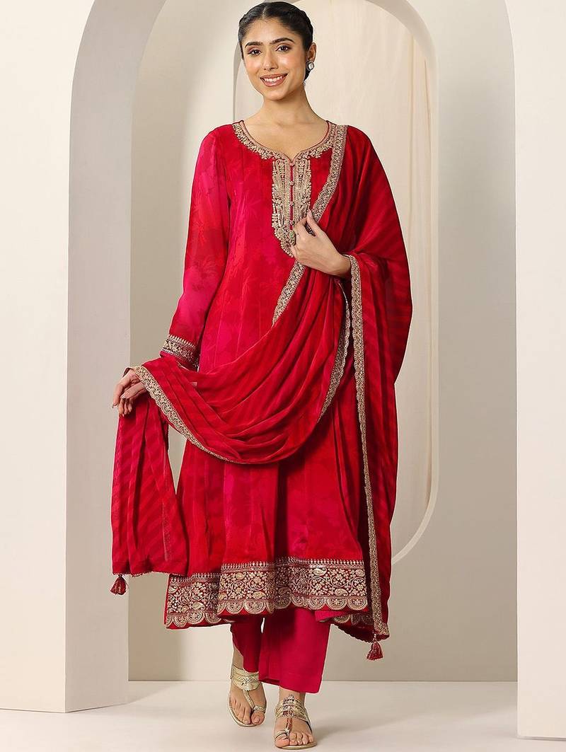 Womens Red Printed Chiffon Anarkali Kurta With Trousers & Dupatta