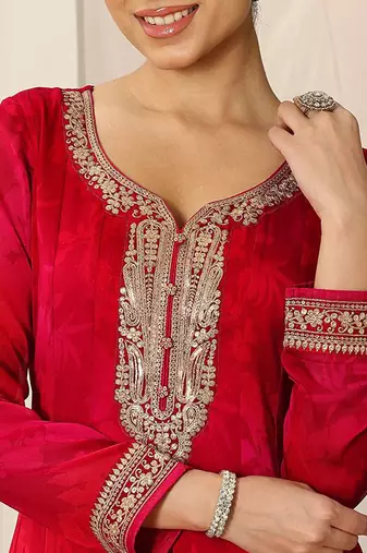Womens Red Printed Chiffon Anarkali Kurta With Trousers & Dupatta