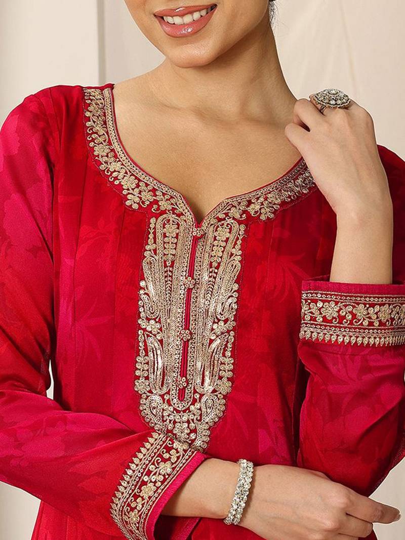 Womens Red Printed Chiffon Anarkali Kurta With Trousers & Dupatta