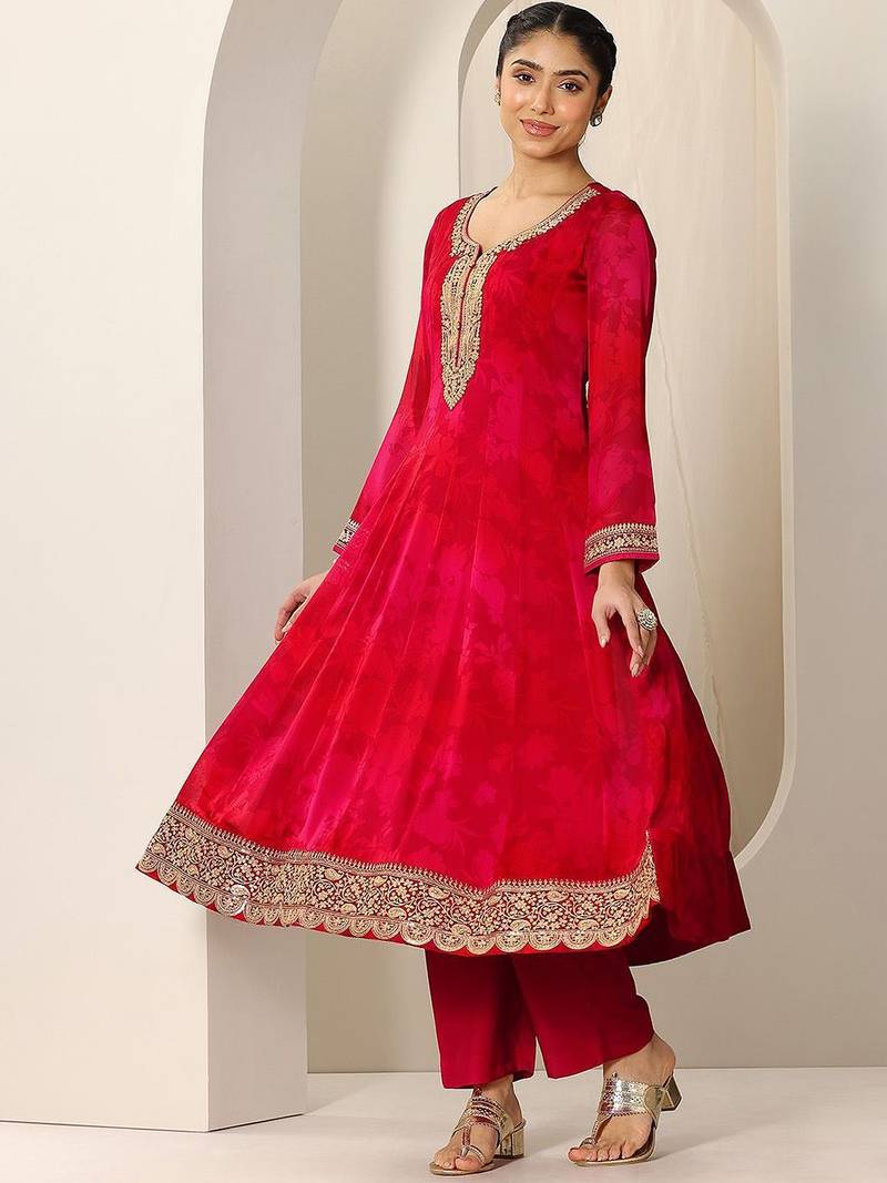 Womens Red Printed Chiffon Anarkali Kurta With Trousers & Dupatta
