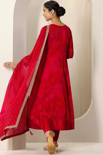 Womens Red Printed Chiffon Anarkali Kurta With Trousers & Dupatta