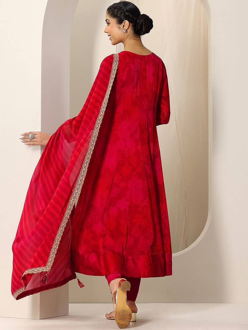 Womens Red Printed Chiffon Anarkali Kurta With Trousers & Dupatta