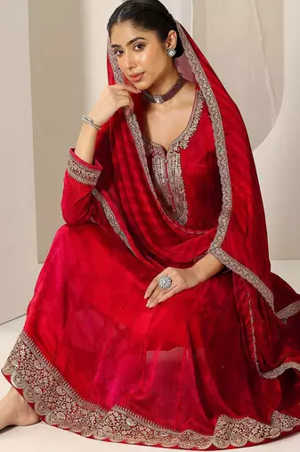 Womens Red Printed Chiffon Anarkali Kurta With Trousers & Dupatta