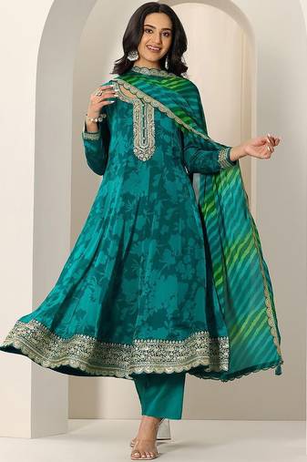 Womens Green Printed Chiffon Anarkali Kurta With Trousers & Dupatta