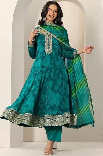 Womens Green Printed Chiffon Anarkali Kurta With Trousers & Dupatta