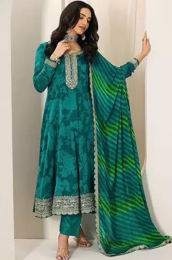 Womens Green Printed Chiffon Anarkali Kurta With Trousers & Dupatta