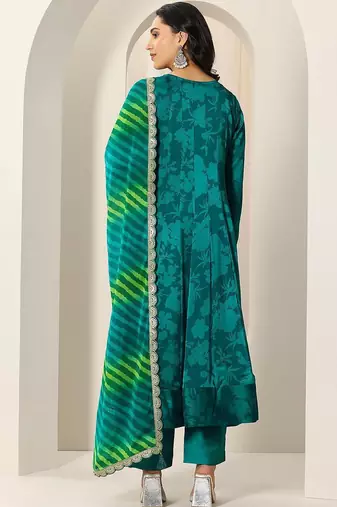 Womens Green Printed Chiffon Anarkali Kurta With Trousers & Dupatta
